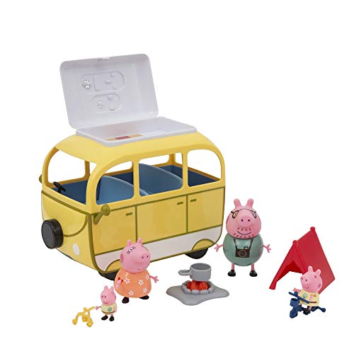 Peppa Pig PPC46 - Juguete, con Autocaravana, Tienda y 4 Personajes, Figuras de Familia de Vacaciones, Bicicletas, fogata y Accesorios, para niños a Partir de 3 años