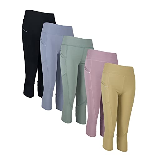 PF Leggings de gimnasia de 3/4 de longitud para mujer con bolsillos pantalones de yoga Mallas recortadas de yoga para correr Leggings deportivos (9701-Combo1, L-XL, l)