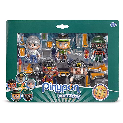 Pinypon Action Pack De 5 Figuras, Policía, Superhéroe, Científico, Ladrón Y Aventurero, Multicolor + Bombero Vehículos De Acción, para Niños Y Niñas A Partir De 4 Años Color/Modelo Surtido