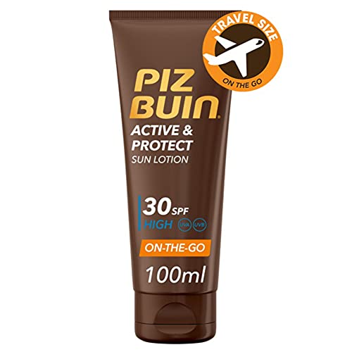 Piz Buin, Active & Protect Loción Solar, Protección Alta SPF30, Formato Viaje On-the-Go, 100 ml