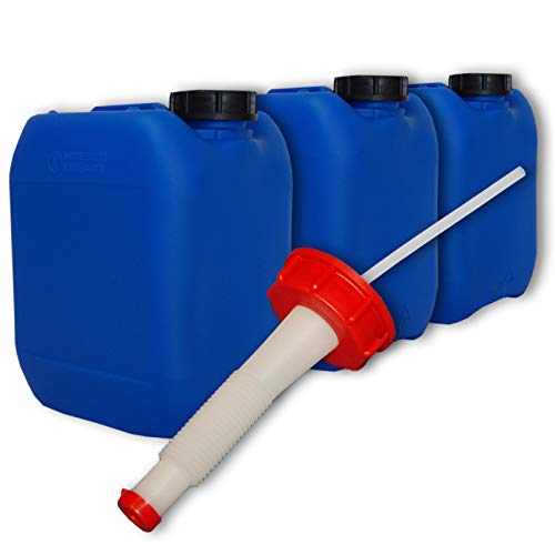 plasteo Lote de 3 bidones de Polietileno/Jerry Can 5 L Azul HDPE DIN51 + 1 Pico vertedor Flexible Calidad alimentaria (22040x3+22021)