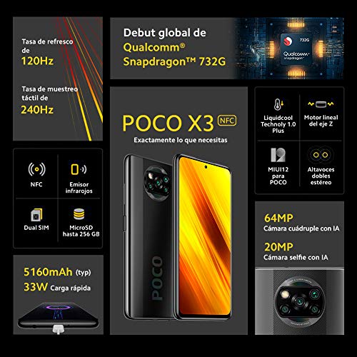 POCO X3 NFC - Smartphone 6.67” FHD+, 6 + 128GB, Snapdragon 732G, 64 MP con IA, Quad-cámara, 5160 mAh, color Gris sombra