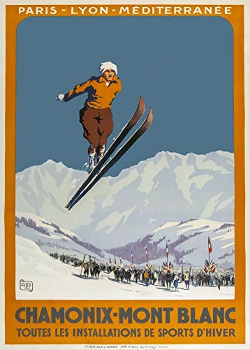 Póster A3 de 250 g/m², diseño vintage de esquí y deportes de invierno Chamonix Mont-Blanc, Francia, 1924, brillante