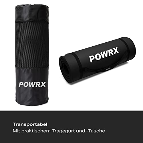 POWRX Colchoneta Fitness Antideslizante 190 x 60 x 1,5 cm - Esterilla Deporte Ideal para Yoga, Pilates y Gimnasia - Extra Suave - Ecológica con Cinta para Transporte y Funda + Poster (Negro)