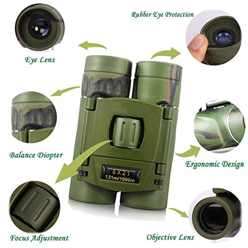 Prismáticos,8x21 Telescopio Binocular Mini Portátiles Compactos Ligeros para Adultos y Niños con Vidrio Óptico y Película FMC Verde para al Aire Libre Birding, Viaje, Turismo,Caza