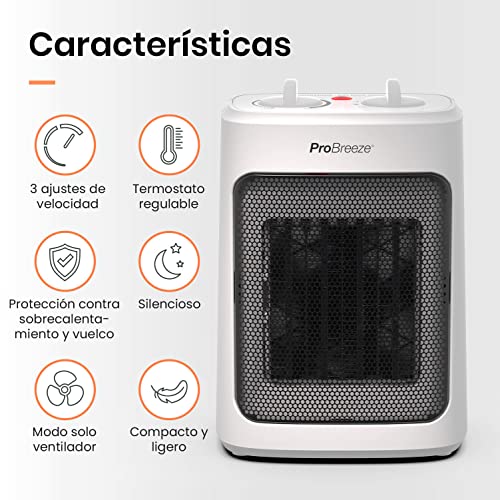 Pro Breeze Mini Calefactor Cerámico de 2000 W, 3 Niveles de Potencia y Modo Solo Ventilador. Pequeño Calentador Para Casa, Oficina, Escritorio, Dormitorio o Terraza – Blanco