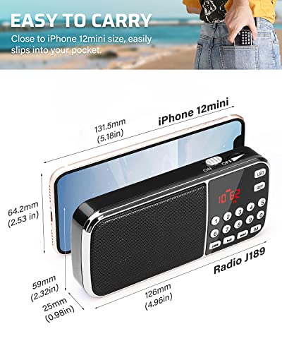 PRUNUS J-189 Radio Portatil Pequeña Recargable Am/FM, Radio Bluetooth Portatil con Altavoz de Graves Profundos, Reproductor de TF/USB/AUX, Radio Digital con Linterna LED, Bateria Recargable(Negro)