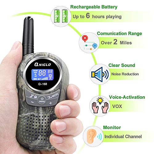 QNIGLO Q168Plus Walkie Talkie Niños Recargable USB,Más de 2KM de Larga Distancia y 8 Canales PMR Voz Activada,Juguetes de Camping al Aire Libre Mejor Regalo,Equipo de Juego de espías(VerdeCamuflaje)