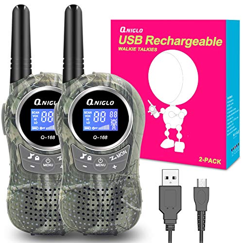 QNIGLO Q168Plus Walkie Talkie Niños Recargable USB,Más de 2KM de Larga Distancia y 8 Canales PMR Voz Activada,Juguetes de Camping al Aire Libre Mejor Regalo,Equipo de Juego de espías(VerdeCamuflaje)