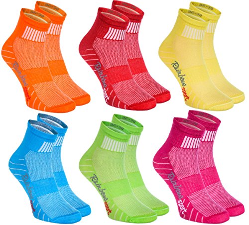 Rainbow Socks - Hombre Mujer Calcetines Colores de Algodón - 6 Pares - Naranja Rojo Amarillo Verde Mar Verde Fucsia - Talla 39-41