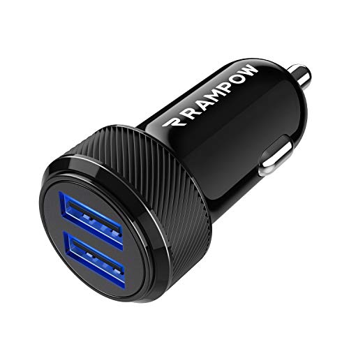 RAMPOW Cargador Coche, Cargador Mechero USB Carga Rapida de Doble Puerto con LED, 24W Cargador Movil Coche para iPhone 13/12/11/10/X/8, Samsung S9/S8/S7, LG, HTC, Sony, Huawei, Xiaomi USB Coche-Negro