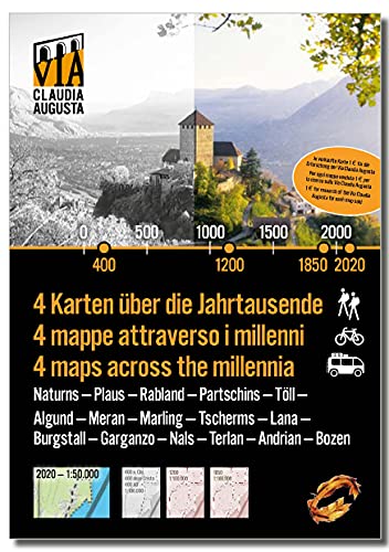 Región bienestar Merano Burgraviato 14/30 en la Via Claudia Augusta - 3 mapas históricos + 1 actual lleno de consejos de excursiones y experiencias de vacaciones - "4 mapas a través de los milenios"