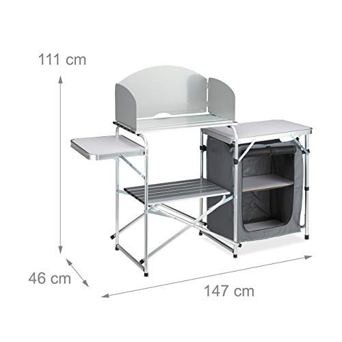 Relaxdays Campingküche Cocina protección contra el Viento, Plegable, Bolsa de Transporte, Armario de Camping, Aluminio y MDF, 111 x 147 x 46 cm, Color Blanco y Gris