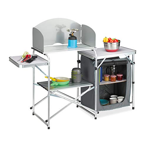 Relaxdays Campingküche Cocina protección contra el Viento, Plegable, Bolsa de Transporte, Armario de Camping, Aluminio y MDF, 111 x 147 x 46 cm, Color Blanco y Gris