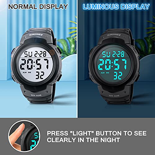 Reloj Digital Hombre, Welltop Reloj Deportivo Hombre Reloj cronometro con Temporizador de Alarma, dial Grande，Impermeable al Aire Libre Reloj Deportivo Hombre con retroiluminación Leds (Gris)