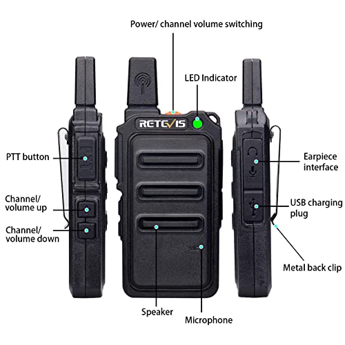 Retevis RT619 Walkie Talkie Profesional, PMR 446 sin Licencia 16 Canales, VOX 50CTCSS/210DCS, Mini Walkie Talkie Recargable, Walky Talky con Auriculars para Familia, Viajes(Negro, 2 Par)