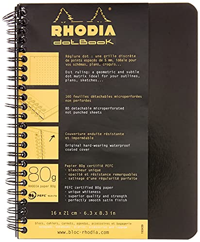 RHODIA 193439C - Cahier à Spirale (Reliure Intégrale) Notebook Noir - A5+ - Pointillés Dot - 160 pages Détachables - Papier Clairefontaine Blanc 80 g/m² - Couverture Souple et Résistante - Classic