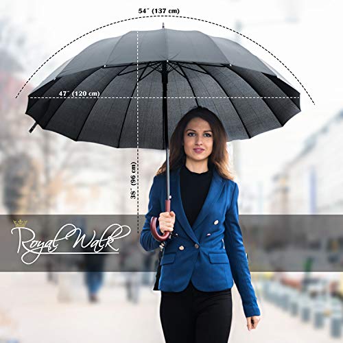 Royal Walk Paraguas Grande XXL Antiviento para Hombre y Mujer Automático Abierto Para 2 Personas de 54 Pulgadas Negro Paraguas Resistente al Viento de Golf Originale Impermeable 16 Varillas 120cm