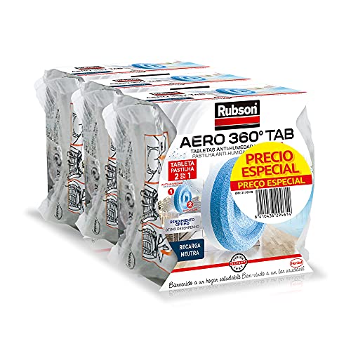 Rubson AERO 360º Set de tabletas de recambio de olor neutro, absorbe humedad y neutraliza malos olores, recambios para deshumidificador recargable, 3 tabletas de 450 g