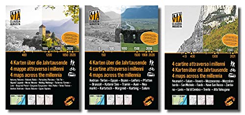 Ruta del Vino Bolzano 14-16/30 en la Vía Claudia Augusta - 3 mapas históricos cada uno + 1 actual lleno de consejos de excursiones y experiencias de vacaciones - "4 mapas a través de los milenios"