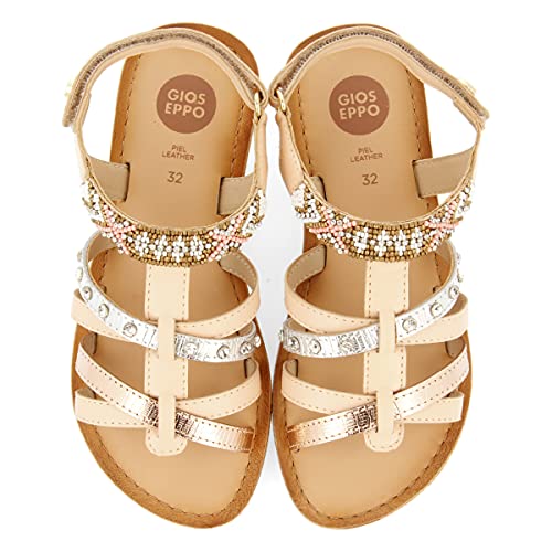 SANDALIAS NUDE DE PIEL ESTILO ROMANAS CON BORDADO PARA NIÑA HAMPDEN