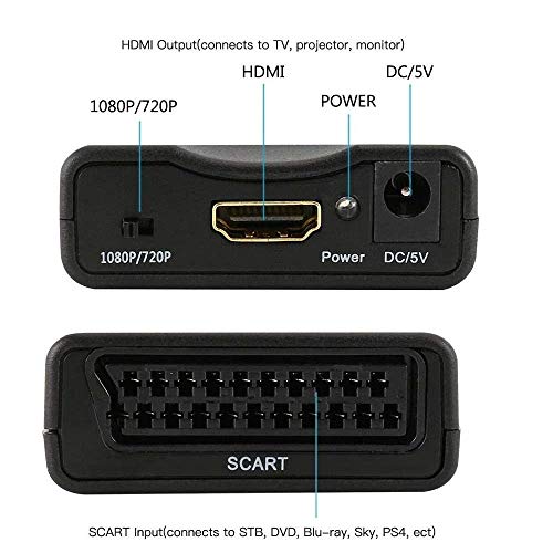 Scart a Hdmi Convertidor Scart to Hdmi Adaptor Convierte La Entrada De Euroconector Analógica En Salida Hdmi 720p / 1080p De Audio De Vídeo para HDTV,DVD BLU-Ray,VCR,proyector,VHS,ps1,ps2,Xbox