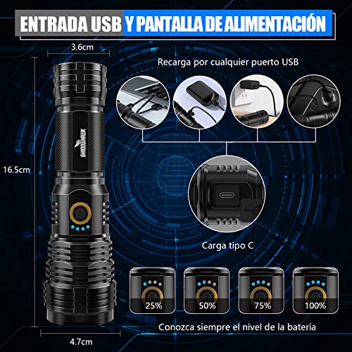 Shadowhawk Linternas LED Alta Potencia Recargable, Linterna Potente 10000 Lúmenes XHP70.2, Linterna Táctica Militar IP67 Impermeable, para Emergencia Camping Senderismo Regalo (con batería de 6000mAh)