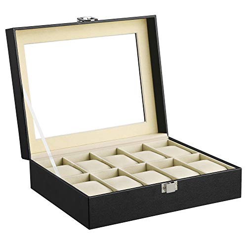 SONGMICS Caja de Relojes con 10 Compartimientos,Estuche de Madera, Tapa de Vidrio, Almohadillas Extraíbles, Forro de Terciopelo, Cierre de Metal, Piel Sintética Negra, Forro Beige, JWB010