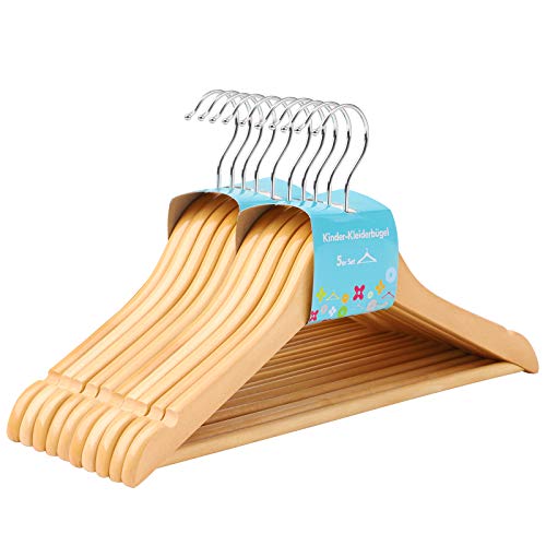 SONGMICS Perchas para niños de Madera Maciza, Paquete de 10, para Ropa Infantil, con Barra de Pantalones, Muescas en Hombros, Ganchos giratorios de 360 Grados, 35 x 1,2 x 20 cm, Natural CRW006N01