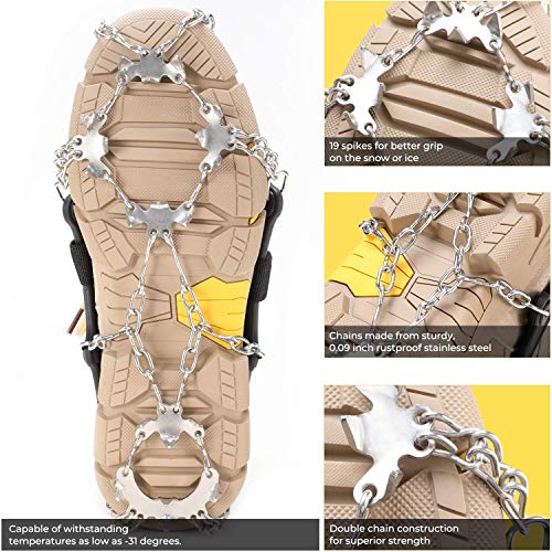 Sportneer Crampones, 19 Dientes Tacos de tracción Nieve y Hielo Tracción para Invierno Deportes Montañismo Escalada Caminar Alpinismo Cámping Acampada Senderismo, Negro, XL