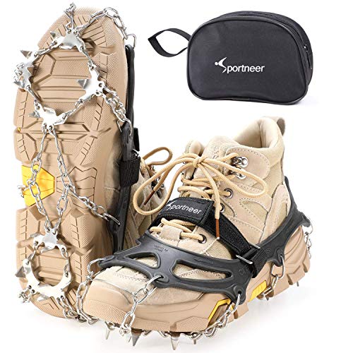 Sportneer Crampones, 19 Dientes Tacos de tracción Nieve y Hielo Tracción para Invierno Deportes Montañismo Escalada Caminar Alpinismo Cámping Acampada Senderismo, Negro, XL