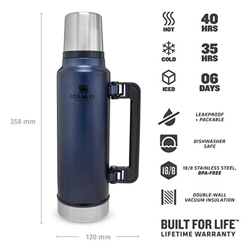 Stanley – BPA Free Stainless Steel Thermos, Hot for 40 Hours, Leakproof Lid Doubles as Cup, Dishwasher Safe, Vacuum Bottle, Unisex-Adult, Azul Noche, 1.4L (10-08265-006)