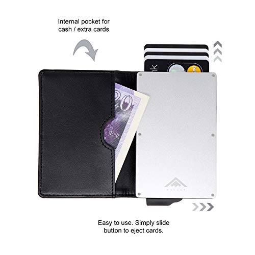 STEALTH Wallet - Cartera Delgada, Ligera y Minimalista con Tarjetero de Credito - Carteras Emergentes Seguras con Tarjeteros con Bloqueo RFID/NFC y Caja de Regalo (Aluminio Plata con Cuero Negro)