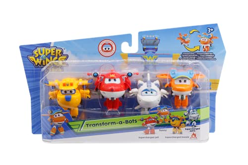 Super Wings-Transform-A-Bots 4 Unidades – Donnie 2 Pulgadas, Chorro supercargado, Astra y Sunny Super Charged, Colores Variados (Alpha Animation EU750040A)