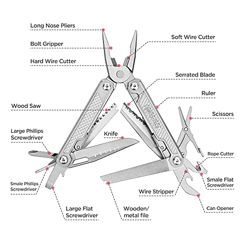 Swiss+Tech Alicate Multiuso 17 en 1, Navaja Multiusos, de Acero Inoxidable, Multiherramienta,Alicates Plegables, Multifunción con Alicates, Navaja, Sierra para Acampada, Caza, Senderismo,etc