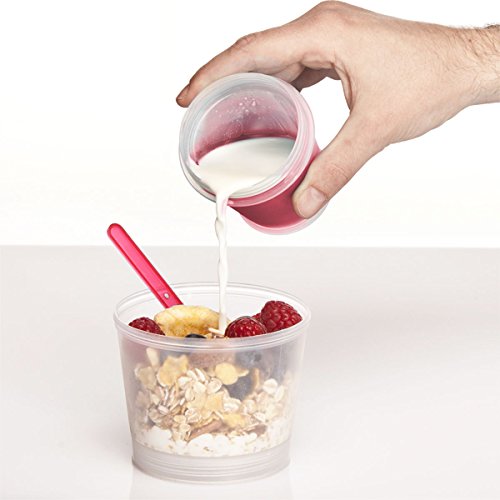 Taza de cereales para llevar 2 tazas de viaje con compartimento aislado para la leche y cuchara plegable con tapa hermética para el trabajo, la universidad, los viajes, los picnics y mucho más (Rojo)