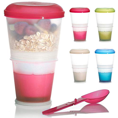 Taza de cereales para llevar 2 tazas de viaje con compartimento aislado para la leche y cuchara plegable con tapa hermética para el trabajo, la universidad, los viajes, los picnics y mucho más (Rojo)