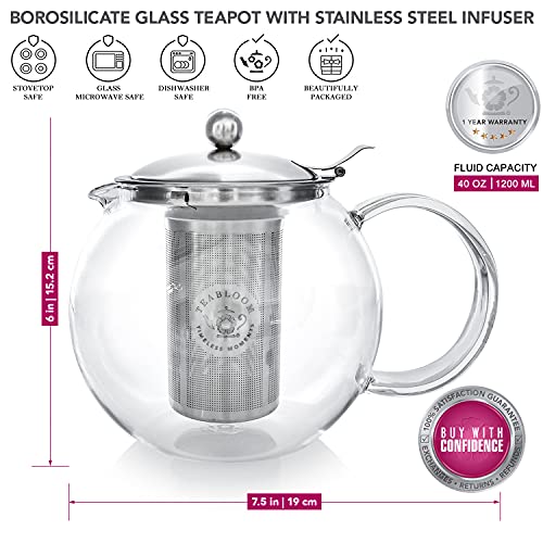 Teabloom Tetera Clásica De Uso Diario Tetera de Cristal Apta para Fogones - 1200 ml de Capacidad - Infusor Extraíble de Acero Inoxidable