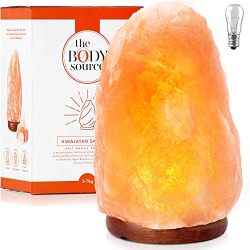 The Body Source Lámpara de Sal del Himalaya (5-7 KG) con Regulador de Intensidad - 100% Natural y Hecha a Mano con Base de Madera + Bombilla de Repuesto Incluida