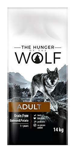 The Hunger of The Wolf Alimento seco para perros adultos sin cereales, con salmón y patatas, para todas las razas, para perros alérgicos, 14 kg