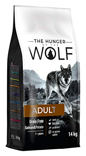 The Hunger of The Wolf Alimento seco para perros adultos sin cereales, con salmón y patatas, para todas las razas, para perros alérgicos, 14 kg