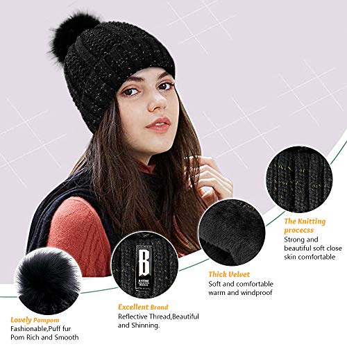 TOLOYE Gorro y Bufanda de Invierno, Mujer Gorro de Beanie Pompón Bufanda de Punto con Forro Polar Suave y Cálido para Esquí Diario Deportes al Aire Libre Regalo de Invierno