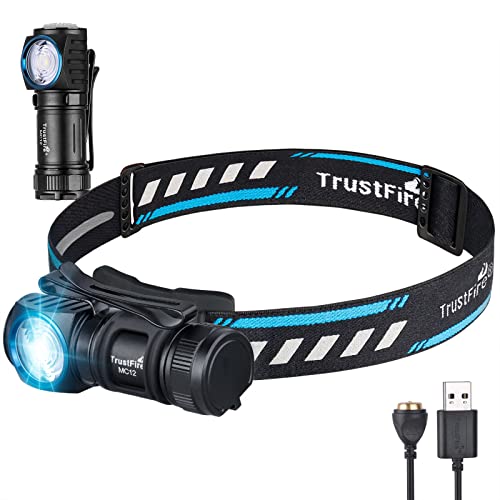 TrustFire MC12 Linterna frontal LED linterna recargable de 1000 lúmenes Batería ajustable de 180 °, personalizada - Cable de carga USB magnético para acampar al aire libre Senderismo Correr