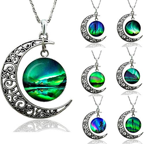 TTDAltd Collar Verde Natural Aurora Boreal Foto Redondo Luna Creciente Collar Cristal cabujón cúpula joyería Metal Colgante Hecho a Mano Regalo-como espectáculo