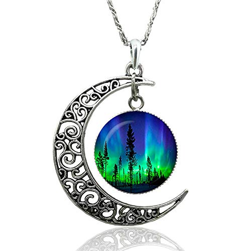 TTDAltd Collar Verde Natural Aurora Boreal Foto Redondo Luna Creciente Collar Cristal cabujón cúpula joyería Metal Colgante Hecho a Mano Regalo-como espectáculo