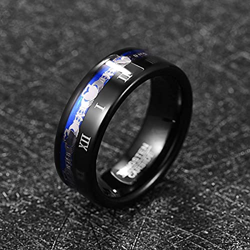 TUNGSTORY Anillo irlandés Claddagh de carburo de tungsteno para hombre, 8 mm, con número romano, color negro, pulido, ajuste cómodo, talla O a Y, carburo de tungsteno,