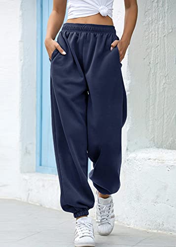 Tuopuda Pantalones de Deporte Mujer con Bolsillos Pantalones Chándal Mujer de Algodón Largos Jogging Pantalóns Elastica Cintura Alta Deportivos para Yoga Fitness Jogger Correr Casual(Armada,S)