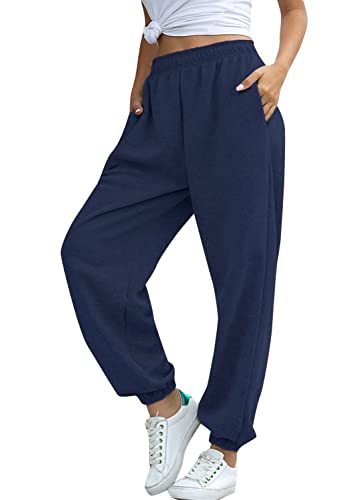 Tuopuda Pantalones de Deporte Mujer con Bolsillos Pantalones Chándal Mujer de Algodón Largos Jogging Pantalóns Elastica Cintura Alta Deportivos para Yoga Fitness Jogger Correr Casual(Armada,S)