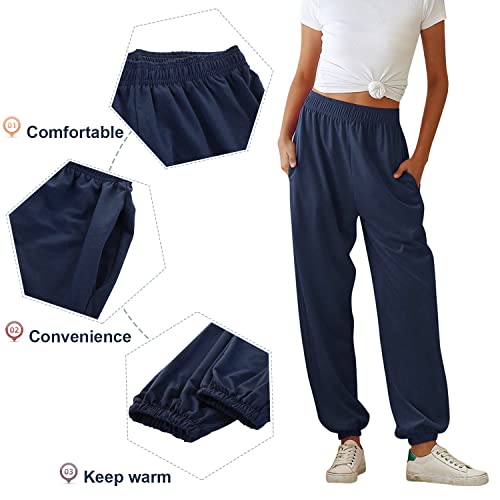 Tuopuda Pantalones de Deporte Mujer con Bolsillos Pantalones Chándal Mujer de Algodón Largos Jogging Pantalóns Elastica Cintura Alta Deportivos para Yoga Fitness Jogger Correr Casual(Armada,S)