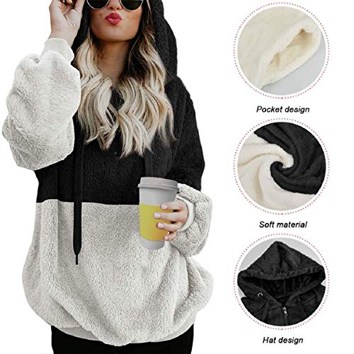 Tuopuda Sudadera Mujer con Capucha Hoodie Caliente y Esponjoso para Otoño Invierno Talla Grande Tops con Cremallera Pullover Suelto Mujer Sudadera Borreguito Suéter Jersey (Negro & Blanco, S)